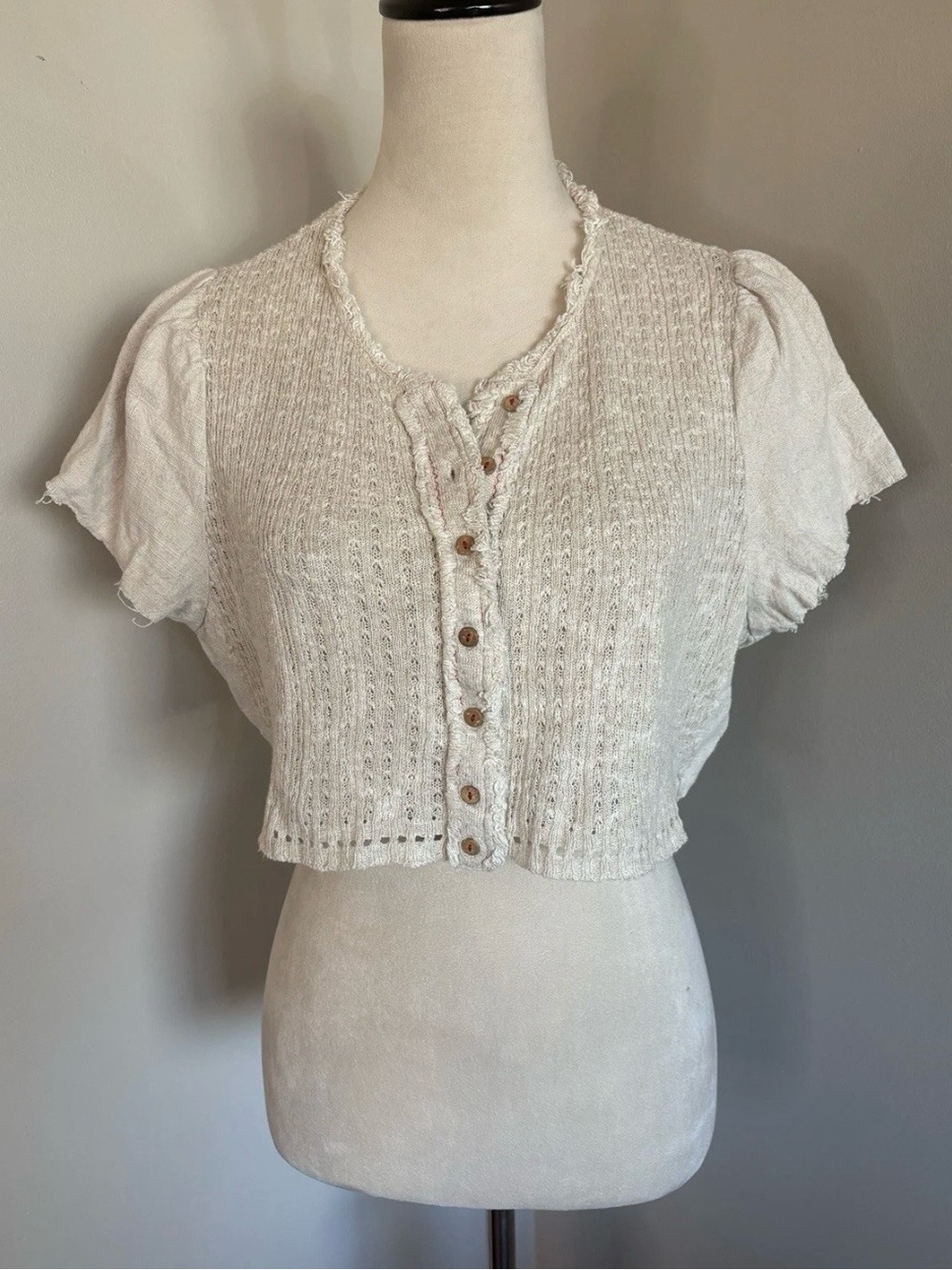 Free People Beige Cropped Knit Button-Up Top Linen Blend Puff Sleeve Raw Edge XS